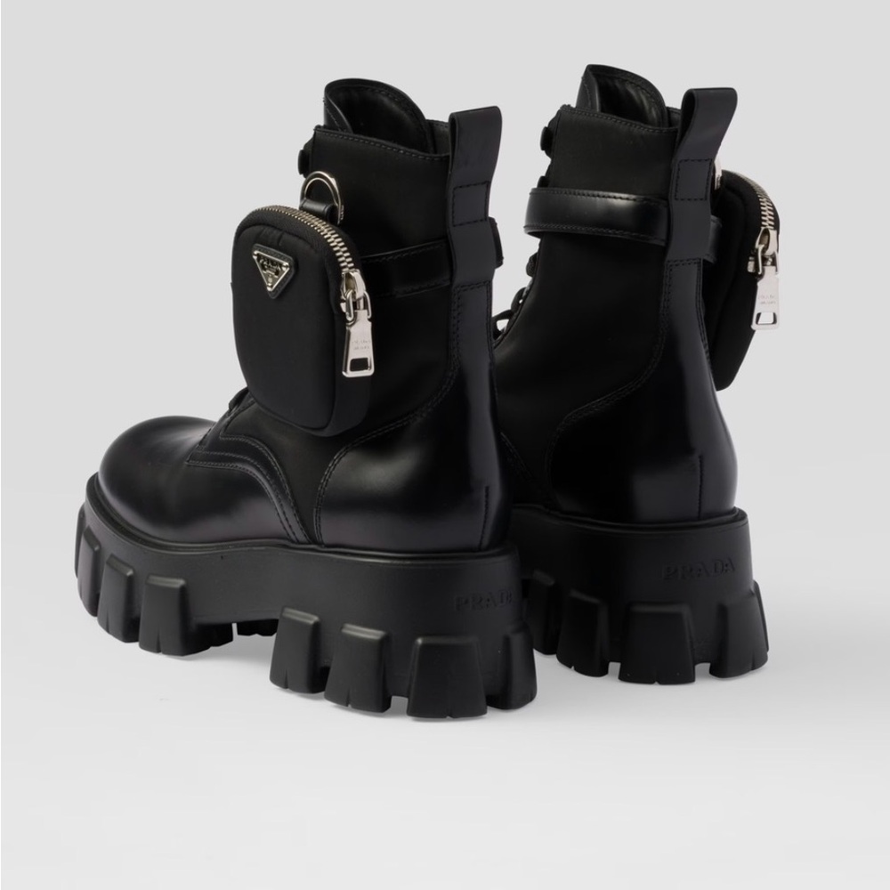 Prada Black Leather Lug-Sole Combat Boots with Detachable Mini Pouch - Picture 3 of 16